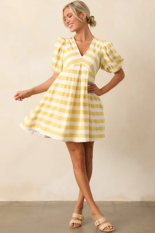 Denim - Patchwork Casual Dresses for a Unique Design​ Every Now And Then Yellow Stripe Puff Sleeve Mini Dress