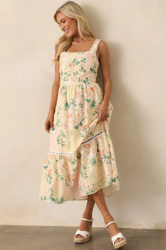 Machine - Washable Casual Dresses for Hassle - Free Care​ Champagne Toast Yellow Floral Embroidered Midi Dress