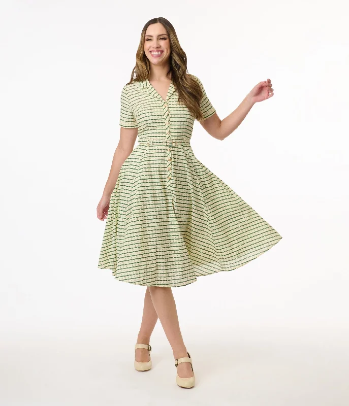 Everyday Dress with Beaded Embellishments for a Luxurious Look​ Royal Monk 1950s Green Anchor Stripes Cotton Swing Dress