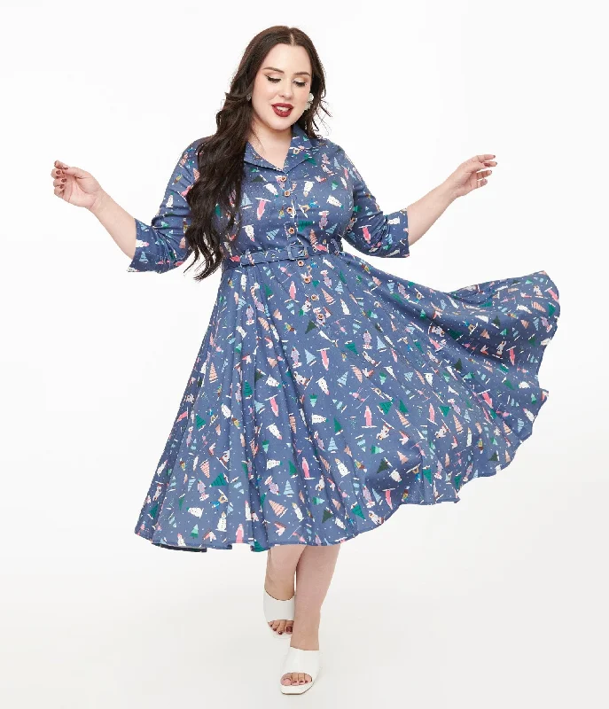  Royal Monk Plus Size 1940s Blue Ski Snow Season Midi Dress