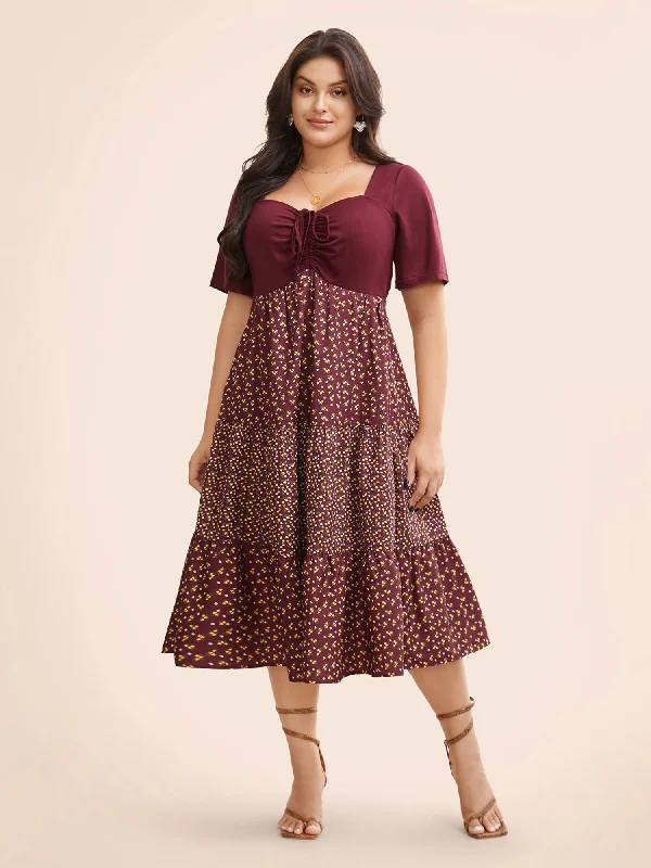 Everyday Dress with Flutter Sleeves for a Feminine Look​ Ditsy Floral Patchwork Ruffle Layered Hem Dress