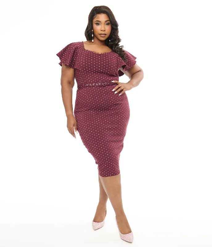 Everyday Dress with Ruched Sides for a Figure - hugging Look​ Unique Vintage Plus Size 1940s Eggplant & Pink Dot Flutter Sleeve Pencil Dress