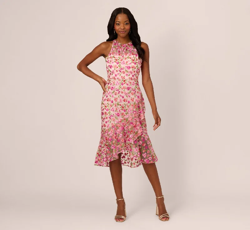 Everyday Dress with Detachable Sleeves for Seasonal Versatility​ Floral Embroidered Flounce Halter Dress In Pink Multi