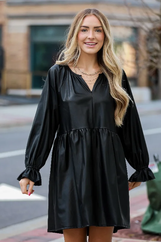 Mini dresses with pom - pom trims for a playful feel FINAL SALE - Flawless Shine Black Leather Babydoll Mini Dress