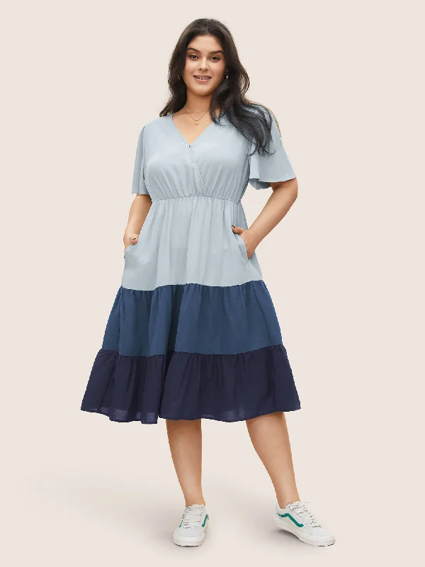 Everyday Dress with Belted Waist for Definition​ Colorblock Contrast Wrap Elastic Waist Pocket Dress