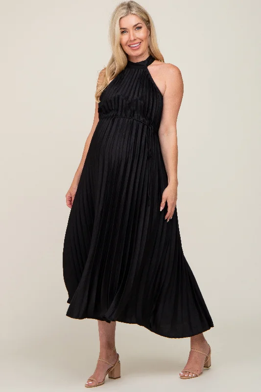 Maternity dress for a baby's first visit to the puppet show Black Pleated Maternity Halter Dress
