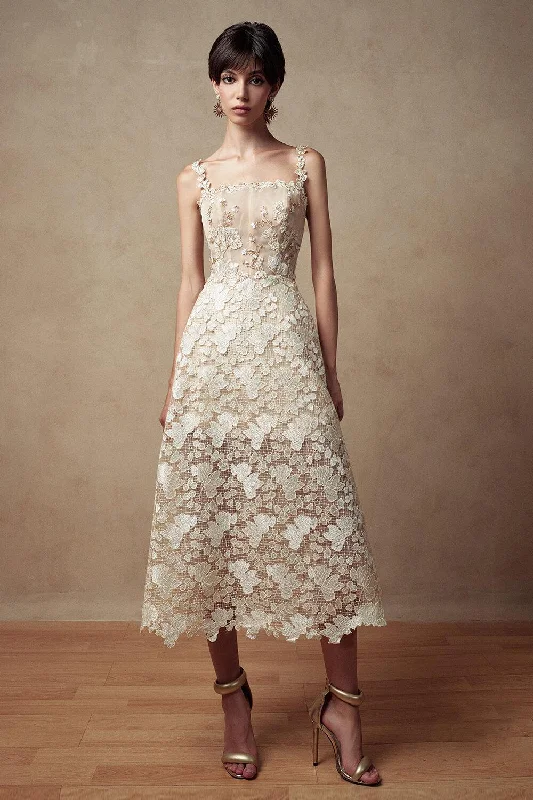 Midi dresses with V - necklines for a flattering and elongating effect Charise A-line Square Neck Lace Midi Dress