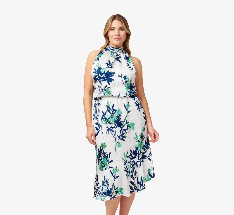  Plus Size Floral-Print Crepe Midi-Length Blouson Halter Dress In Ivory Multi