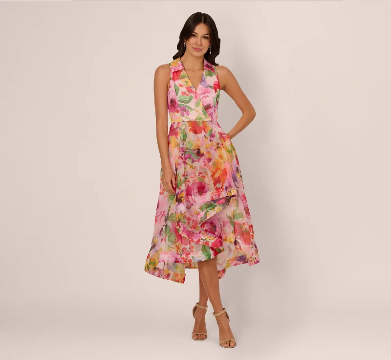 Midi dresses with printed lining for a hidden and stylish detail Sleeveless Floral Organza Collared High Low Dress In Pink Multi Midi dresses with printed lining for a hidden and stylish detail Sleeveless Floral Organza Collared High Low Dress In Pink Multi