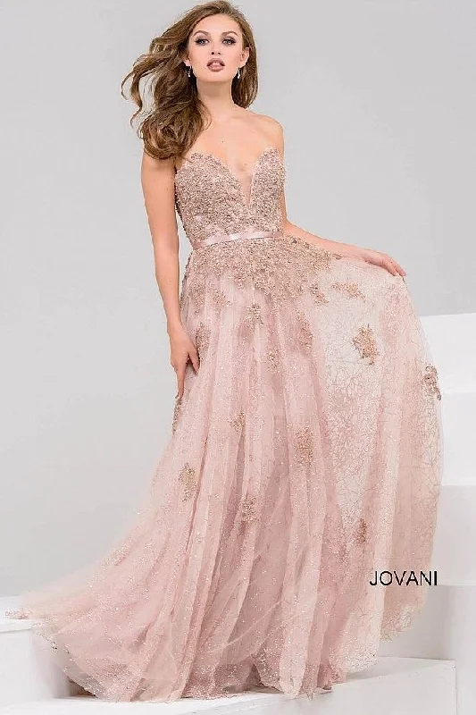 Off - the - shoulder wedding dresses with ruffled sleeves​ Jovani 93765 Strapless Sweetheart Long Evening Dress