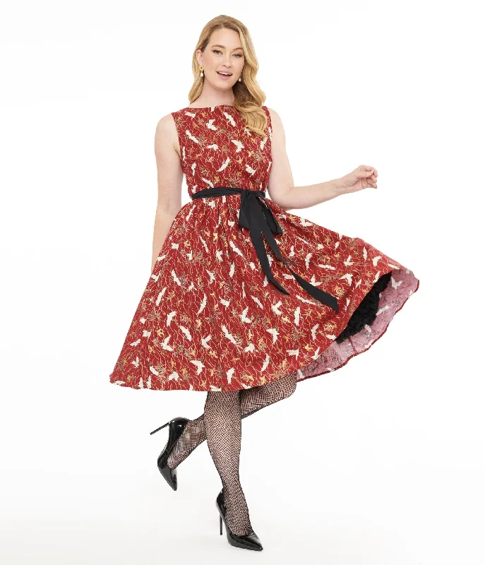 Everyday Dress with Belted Waist for Definition​ Unique Vintage 1950s Burgundy Fall Crane Sleeveless Swing Dress