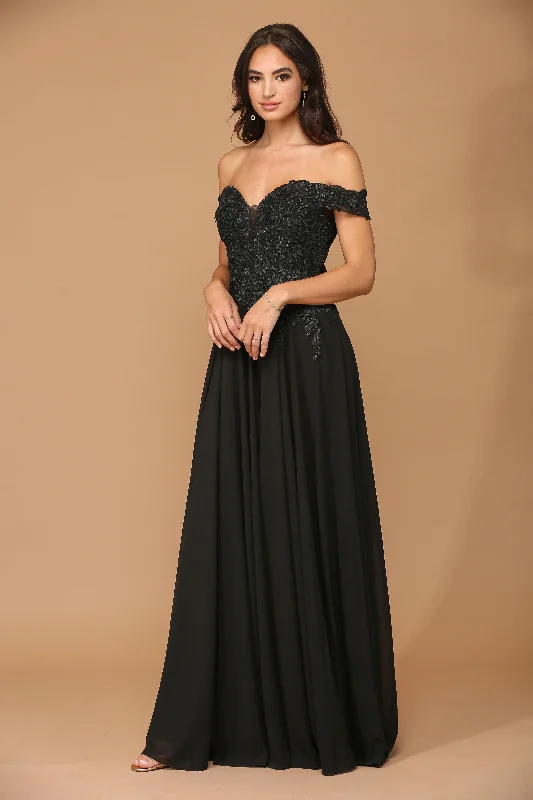 Embroidered wedding dresses with metallic threads​ Long Off Shoulder Formal Chiffon Evening Dress
