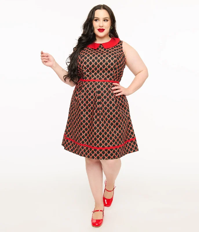  Retrolicious Plus Size 1950s Black & Red Bow Cotton Fit & Flare Dress