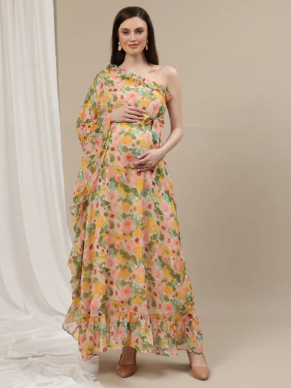 Maternity dress for a baby's baptism Maternity One Shoulder Maxi Dress- Peach