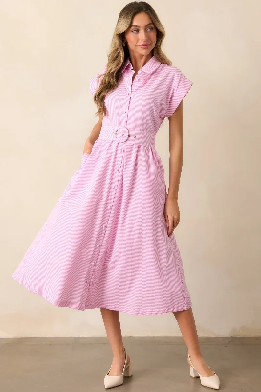 Maternity Casual Dresses for Pregnant Women​ Gia Peony Pink Stripe Belted Midi Dress