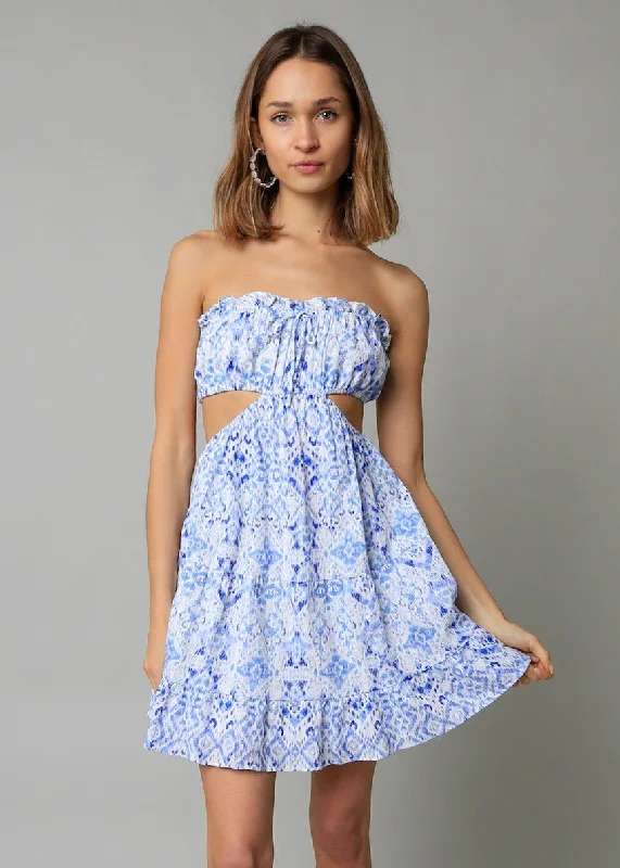 Boho Style Casual Dresses with Fringe Details​ Maeve White and Blue Boho Print Strapless Dress