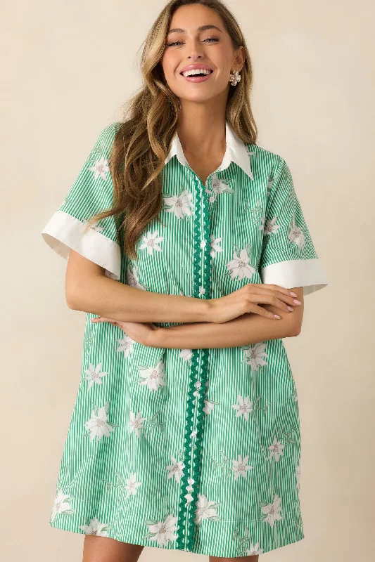 Recycled - Material Casual Dresses for Sustainability​ Lunch In The City Green Floral Cotton Mini Shirt Dress
