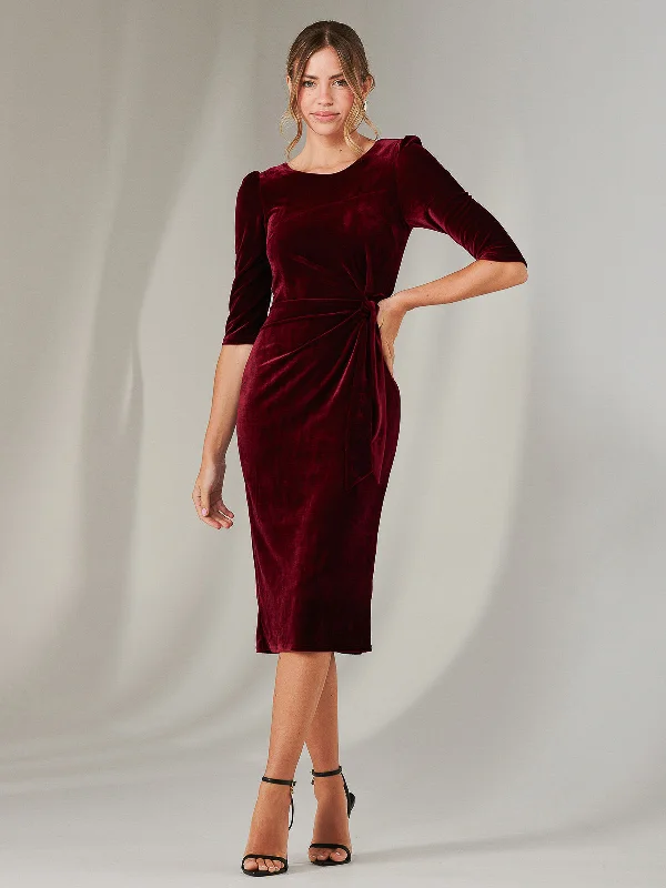 Midi dresses with pleated bodices for a classic and tailored look Velvet Side Tie Midi Dress, Burgundy Midi dresses with pleated bodices for a classic and tailored look Velvet Side Tie Midi Dress, Burgundy