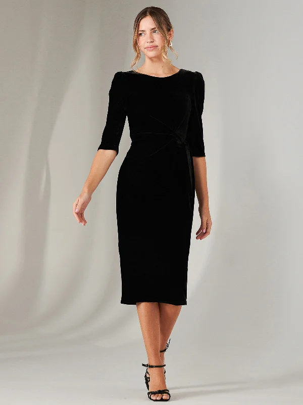 Midi dresses with animal prints for a bold and confident appearance Velvet Side Tie Midi Dress, Black Midi dresses with animal prints for a bold and confident appearance Velvet Side Tie Midi Dress, Black