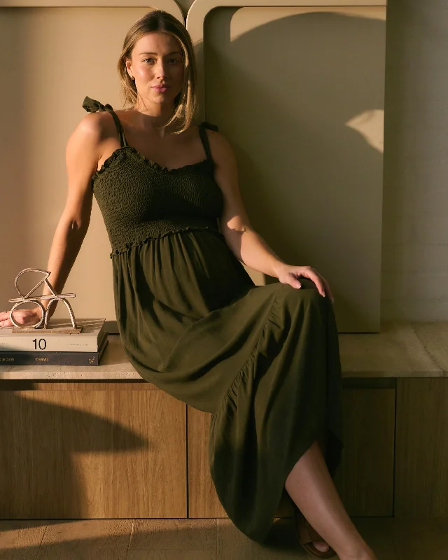 Maternity dress for a baby's first visit to the opera Brandi Shirred Dress  Khaki