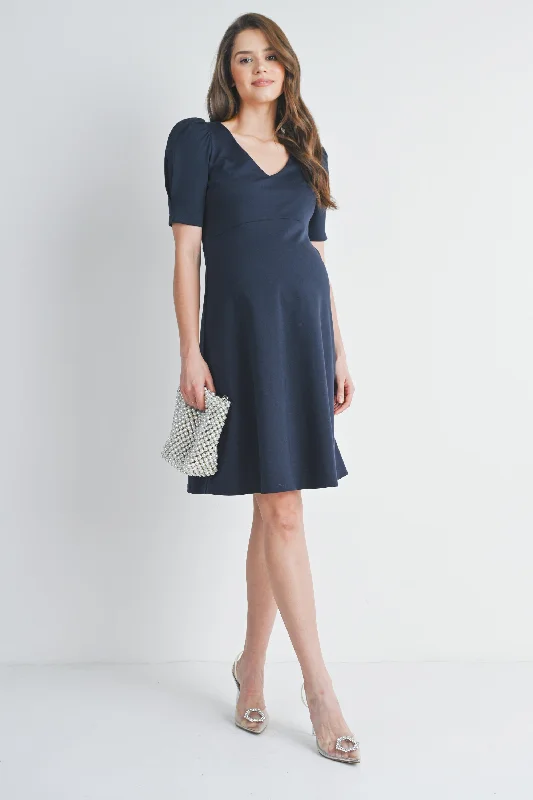Maternity dress for a baby's first visit to the rock garden Solid V Neck Short Puff Sleeve Maternity Dress