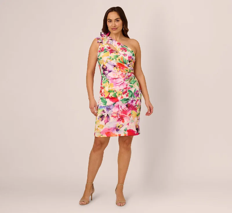Everyday Dress with Paisley Print for a Vintage Look Plus Size One Shoulder Rosette Floral Sheath Dress In Pink Multi