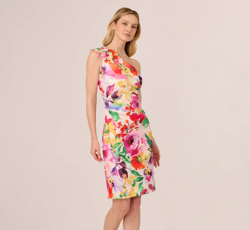  One Shoulder Rosette Floral Sheath Dress In Pink Multi