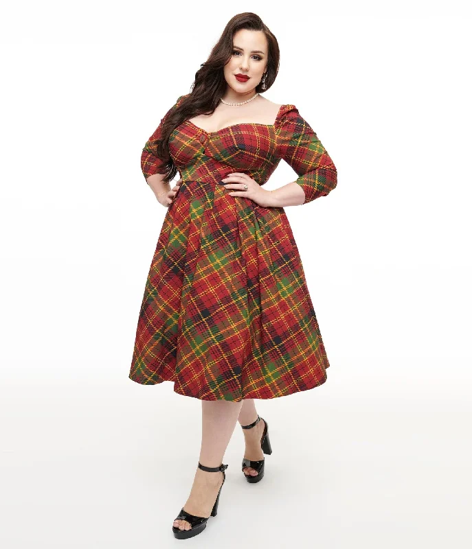 Everyday Dress with Shiny Metallic Thread for a Festive Feel​ Unique Vintage Plus Size 1950s Burnt Orange & Green Plaid Lamar Swing Dress