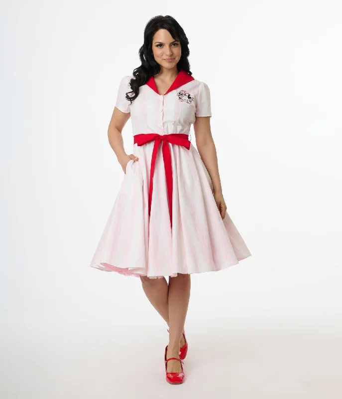 Everyday Dress with Solid - color Bodice and Printed Skirt for a Contrast Look​ Disney Valentine Collection by Unique Vintage Red & Pink Striped Cotton Shirt Dress