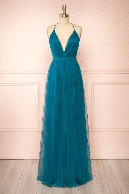 Mini dresses with off - the - shoulder styles Ilaria Teal | Tulle Gown with Plunging Neckline Mini dresses with off - the - shoulder styles Ilaria Teal | Tulle Gown with Plunging Neckline