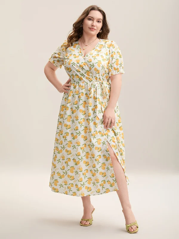  Lemon Print Surplice Stretchy Waist Midi Dress