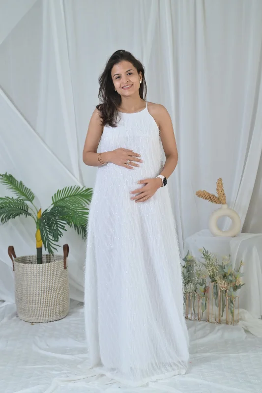 Maternity dress for a baby's first visit to the amusement park Luxe Frosted White Maternity Gown