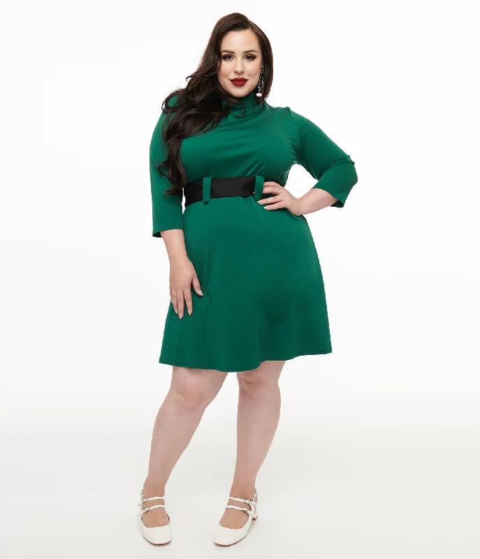 Everyday Dress with Geometric Patterns for a Contemporary Look​ Smak Parlour Plus Size 1960s Emerald & Black Belted A-Line Dress