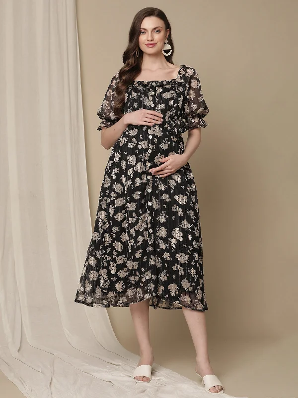 Maternity dress for a baby's first visit to the bird sanctuary Black Flower Print Maternity Dress