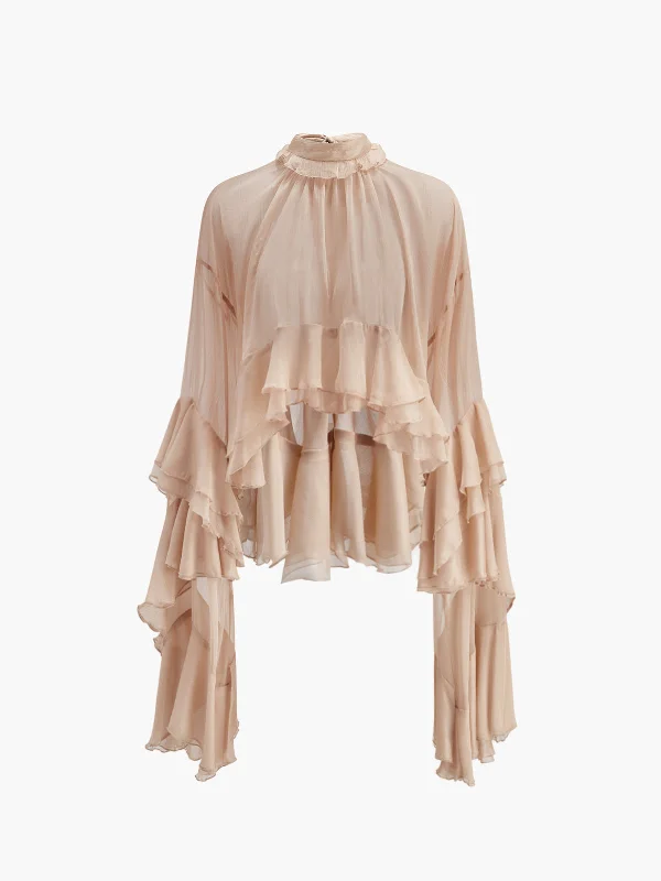Rain - Resistant Casual Dresses for Wet Weather​ Sheer Turtleneck Ruffle Chiffon Blouse