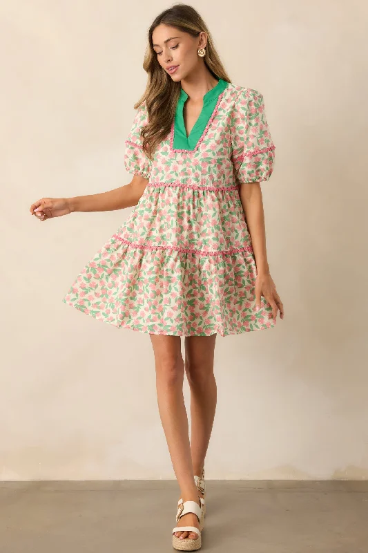 Solid Color Casual Dresses in Earth Tones​ Full Bloom Beige Floral Cotton Puff Sleeve Mini Dress