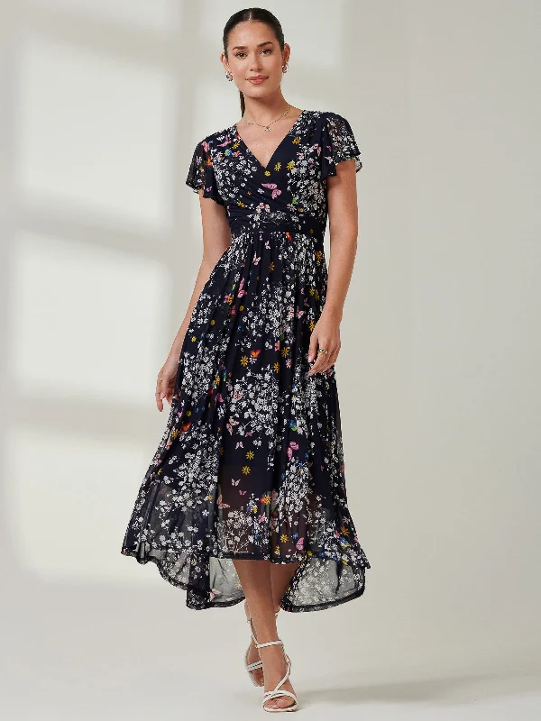 Midi dresses with ruffled bodices for a more pronounced feminine look Wrap Dip Hem Mesh Maxi Dress, Navy Floral Midi dresses with ruffled bodices for a more pronounced feminine look Wrap Dip Hem Mesh Maxi Dress, Navy Floral