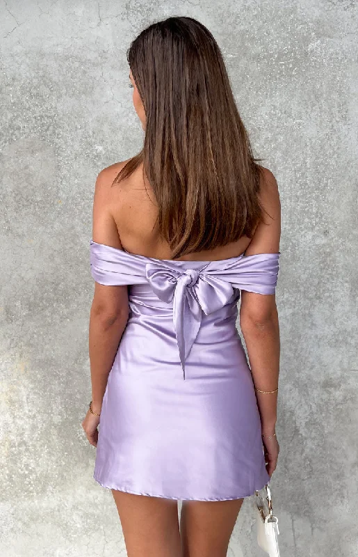 Mini dresses with criss - cross backs for a flirty look Primrose Purple Satin Off the Shoulder Mini Dress