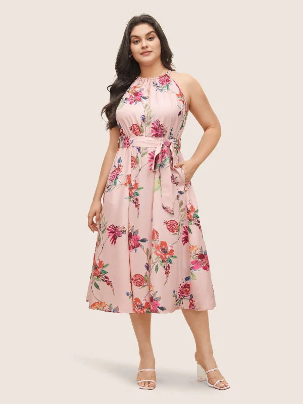 Everyday Dress with Bell Sleeves for a Dramatic Look​ Citrus Fruit Print Halter Belted Gathered Dress
