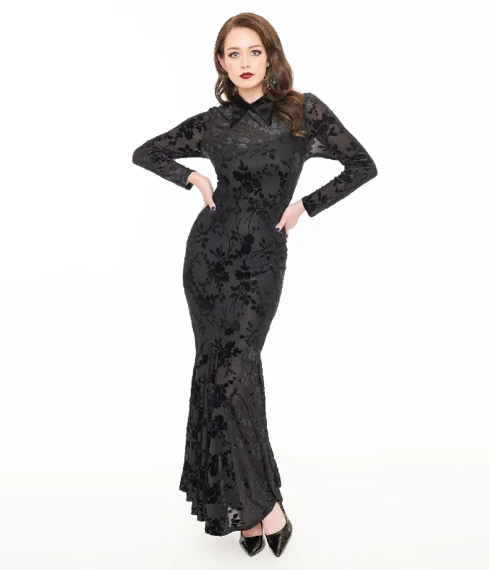 Everyday Dress with Striped Pattern for a Timeless Style​ Witchwood Bags Black Sheer Velvet Flocked Floral Ophelia Maxi Mermaid Dress