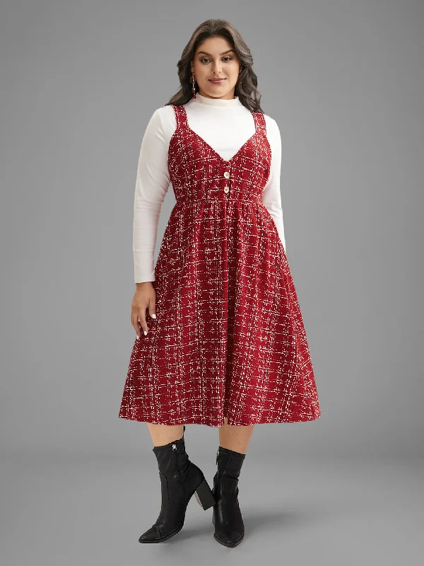  Plaid Cami Front Button Midi Dress