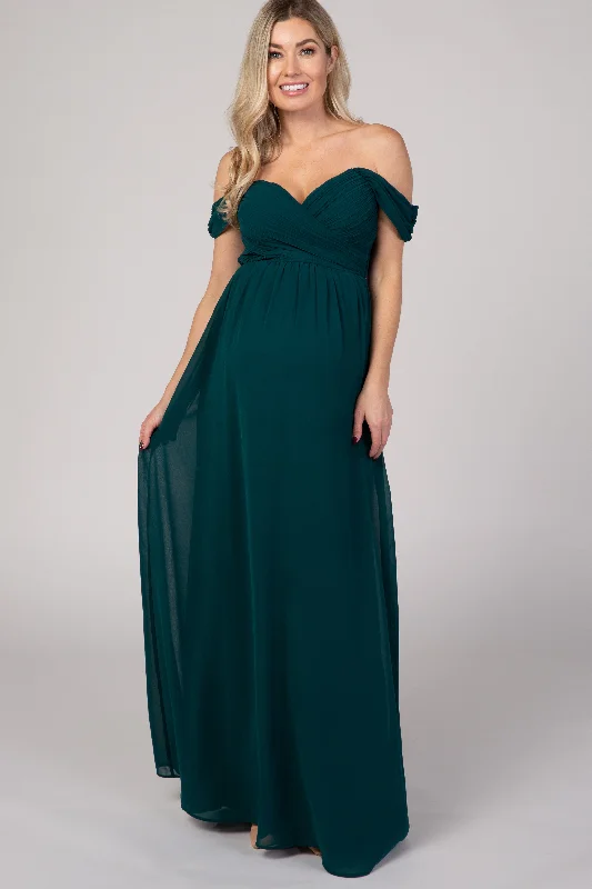 Maternity lace dress for a romantic look PinkBlush Forest Green Off Shoulder Chiffon Maxi Maternity Dress