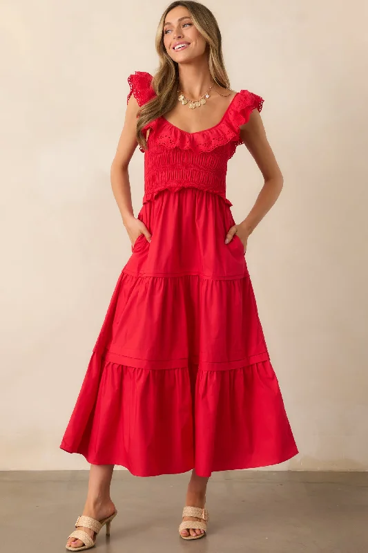 Stretchable Casual Dresses for a Flexible Fit​ Patio Sunsets Cotton Red Maxi Dress