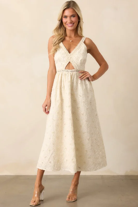 Tie - Dye Casual Dresses for a Retro Style​ A Touch Of Grace Ivory Embroidered Cutout Midi Dress