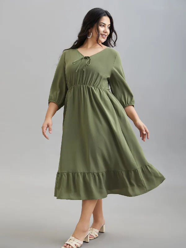  Lantern Sleeve V-Neck Tiered Midi Dress
