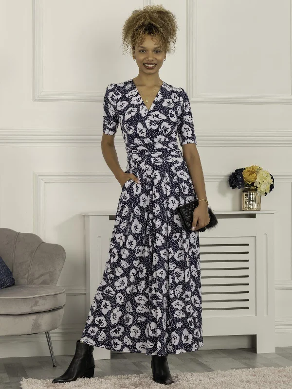 Midi dresses with tassel accents for a bohemian and free - spirited style Evita Floral Print Maxi Jersey Dress, Navy White Floral Midi dresses with tassel accents for a bohemian and free - spirited style Evita Floral Print Maxi Jersey Dress, Navy White Floral
