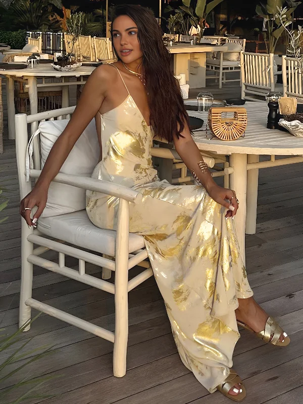 Floral Printed Casual Dresses for Summer​ Metallic Print V-Neck Backless Slip Long Dress