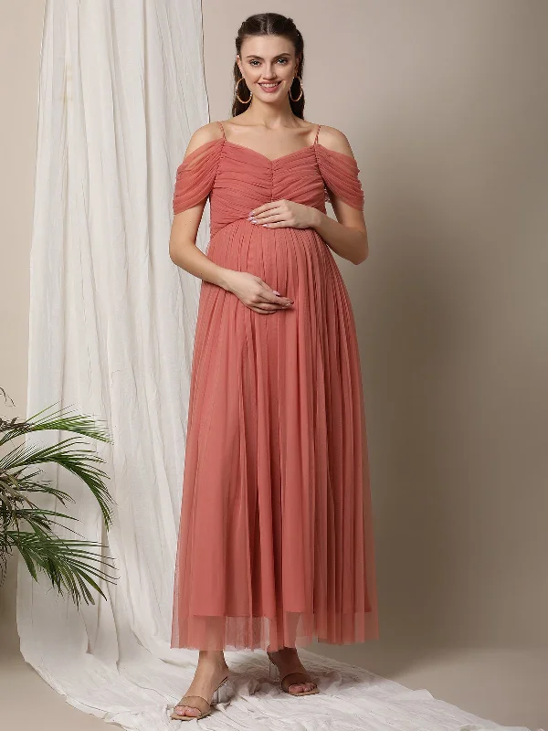 Maternity dress for a baby's first visit to the forest Romantic Tulle Maternity Maxi Dress- Peach