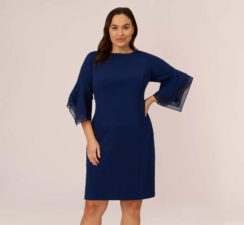  Plus Size Knit Crepe Sheath Dress With Tiered Three Quarter Sleeves In Navy Sateen