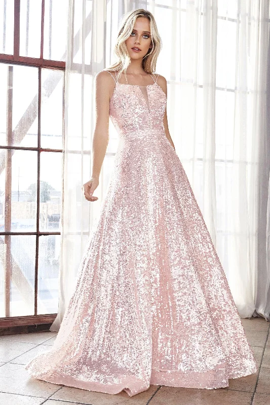Boho - inspired wedding dresses with floral embroidery​ Cinderella Divine AM518 Long Formal Spaghetti Strap Prom Ball Gown